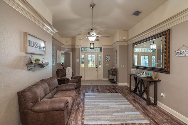 living room with ceiling fan, lofted ceiling, and wood-type flooring