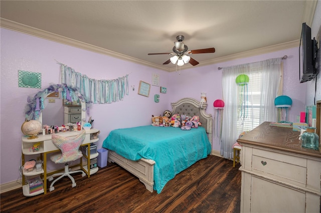 bedroom with dark hardwood / wood-style flooring, ornamental molding, and ceiling fan