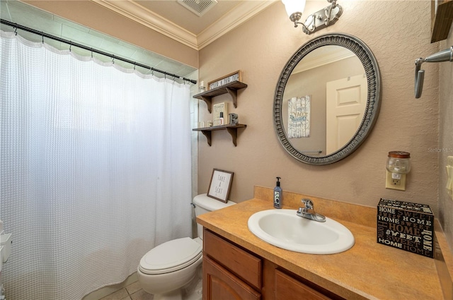 bathroom with vanity, ornamental molding, toilet, and walk in shower