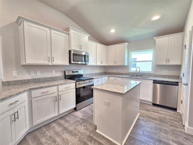kitchen featuring a sink, appliances with stainless steel finishes, lofted ceiling, and light wood finished floors