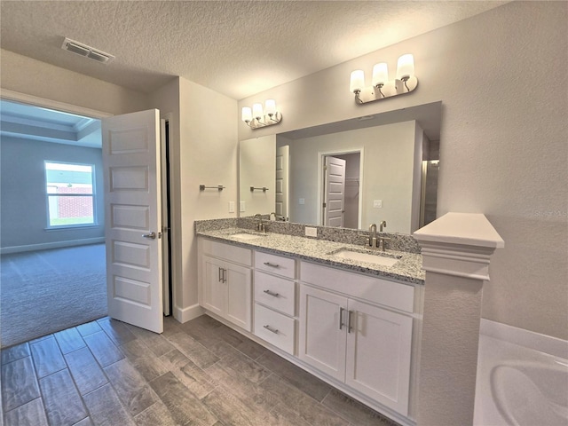 bathroom with a sink, double vanity, visible vents, and wood finish floors