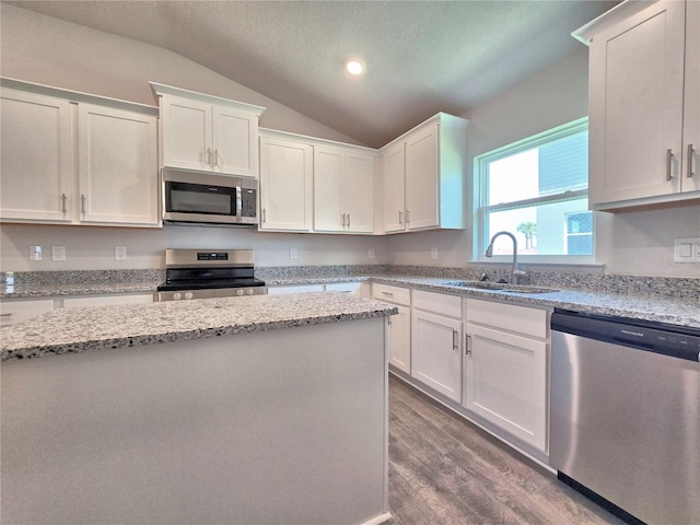 kitchen featuring white cabinetry, wood finished floors, a sink, and stainless steel appliances