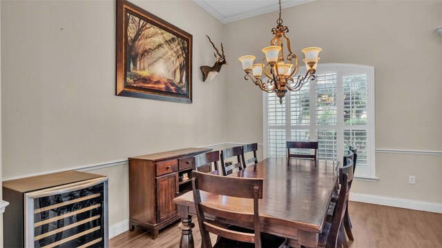 dining space featuring ornamental molding, a notable chandelier, wine cooler, and light wood-type flooring