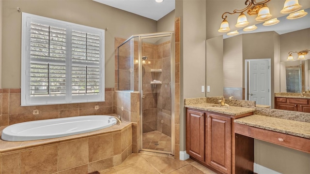 bathroom with vanity, separate shower and tub, and tile patterned floors