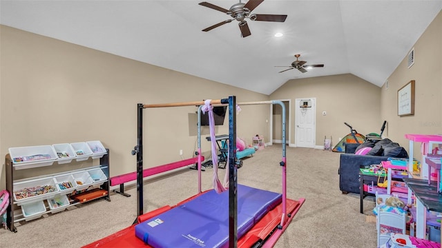 rec room featuring lofted ceiling, carpet, and ceiling fan