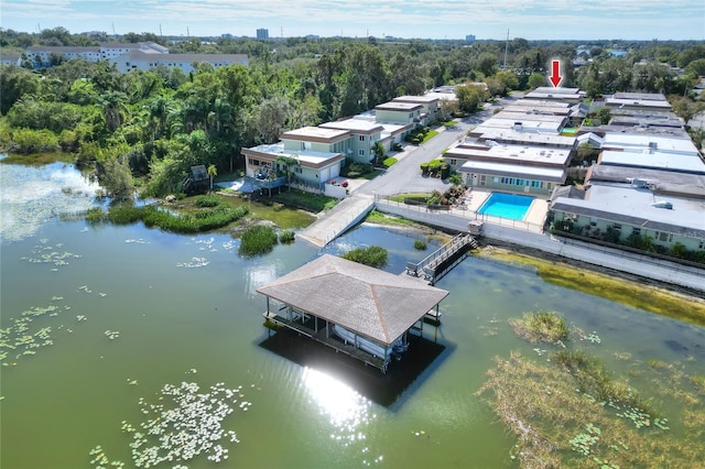 drone / aerial view featuring a water view