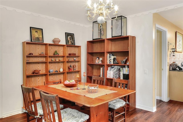 dining room featuring dark wood-type flooring and an inviting chandelier