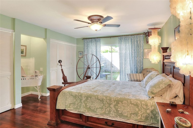 bedroom with ceiling fan, dark hardwood / wood-style flooring, and a closet