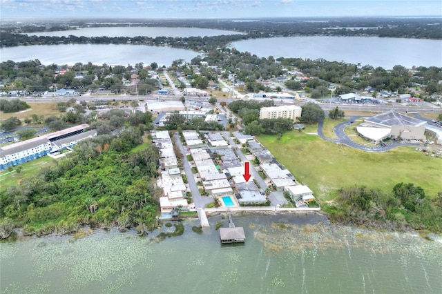 drone / aerial view with a water view