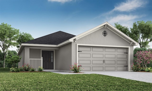 ranch-style home with driveway, a front yard, a garage, a shingled roof, and stucco siding