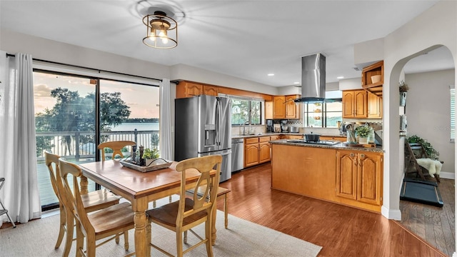 kitchen featuring arched walkways, appliances with stainless steel finishes, wood finished floors, island exhaust hood, and a sink