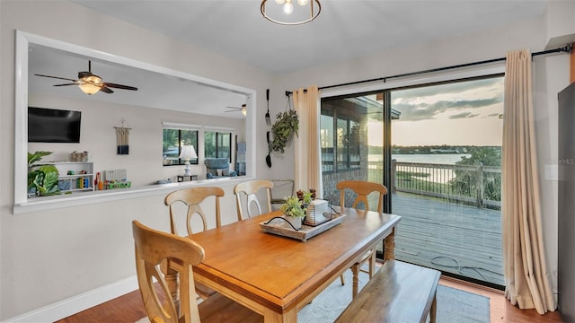 dining room featuring hardwood / wood-style flooring and a water view