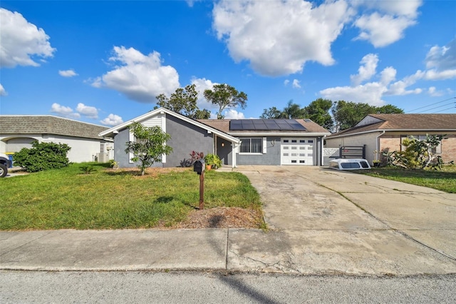 single story home featuring central air condition unit, a front yard, and solar panels