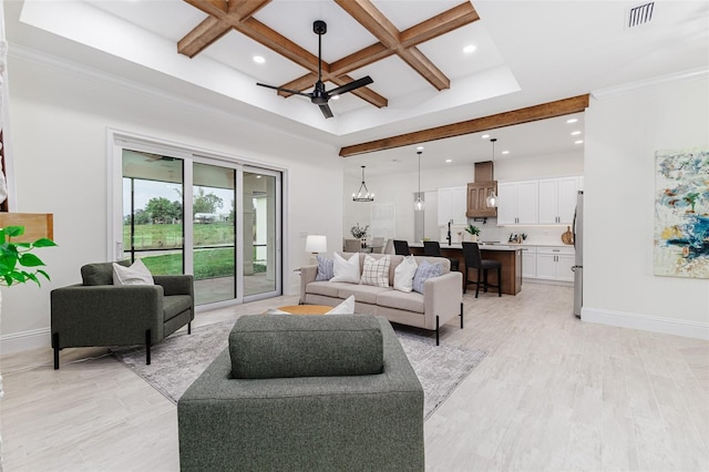 1001 Cody Bluffs Rd, Babson Park, FL 33827 - living room featuring coffered ceiling, recessed lighting, baseboards, beam ceiling, and a towering ceiling