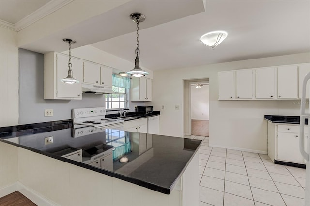 kitchen featuring white cabinets, kitchen peninsula, pendant lighting, and white range with electric cooktop