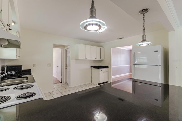 kitchen with sink, pendant lighting, light tile patterned floors, white cabinetry, and white appliances