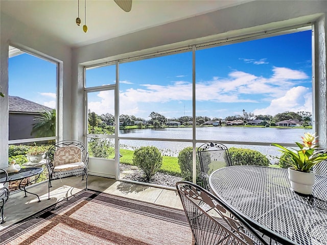 sunroom / solarium with a water view