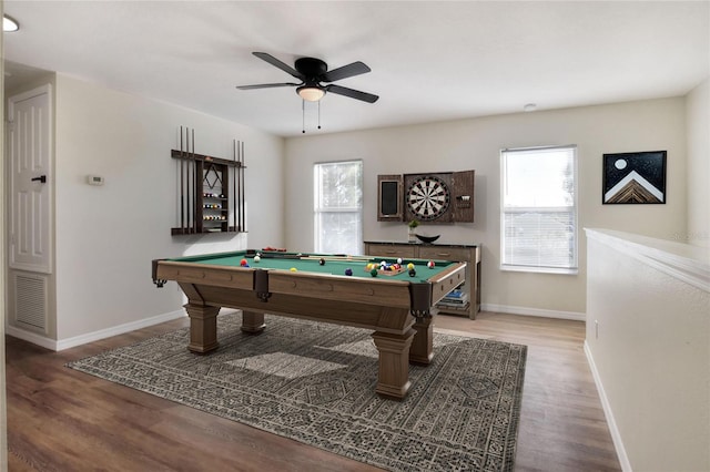 recreation room with hardwood / wood-style floors, plenty of natural light, ceiling fan, and billiards