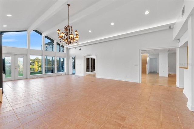 unfurnished living room with beam ceiling, high vaulted ceiling, an inviting chandelier, and light tile patterned flooring