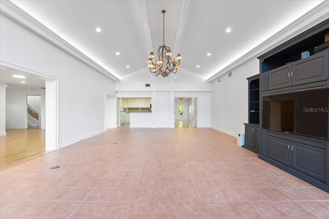 unfurnished living room featuring tile patterned floors, vaulted ceiling, and an inviting chandelier