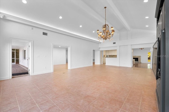 unfurnished living room with beam ceiling, light tile patterned floors, high vaulted ceiling, and a notable chandelier