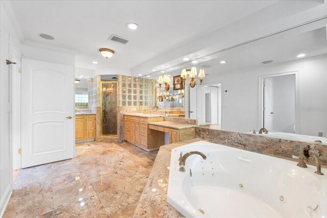 bathroom featuring separate shower and tub, crown molding, and vanity