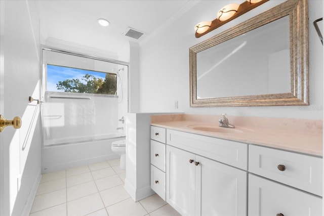 full bathroom featuring ornamental molding, vanity, shower / washtub combination, tile patterned flooring, and toilet