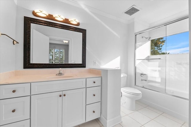 full bathroom featuring shower / bath combination with glass door, vanity, plenty of natural light, and ornamental molding