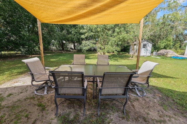 view of patio featuring a storage shed