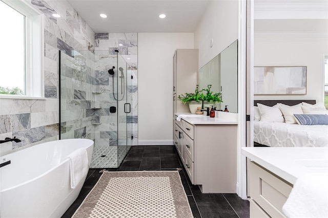 bathroom with vanity, independent shower and bath, and ornamental molding