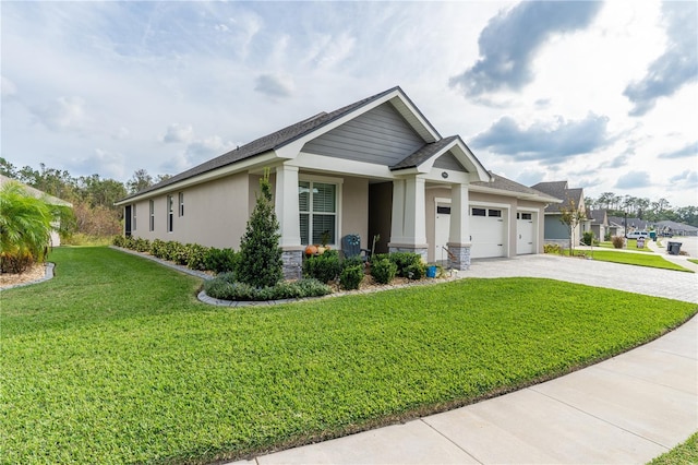 7929 Lake James Blvd, Lakeland, FL 33810 - craftsman-style house featuring stucco siding, driveway, an attached garage, a front lawn, and roof with shingles