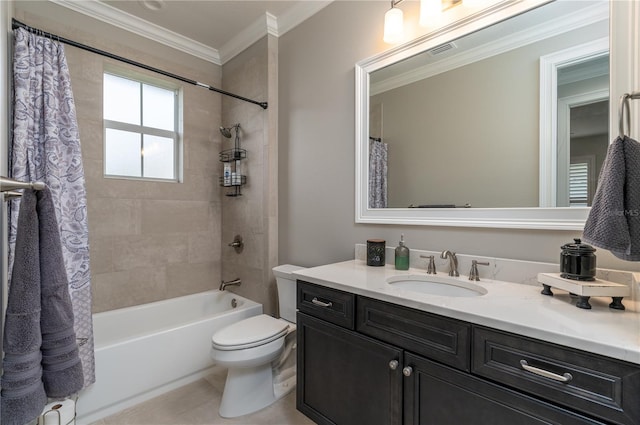 full bathroom featuring vanity, crown molding, toilet, and shower / bathtub combination with curtain