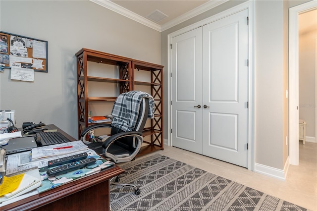 office space featuring ornamental molding and light tile patterned floors