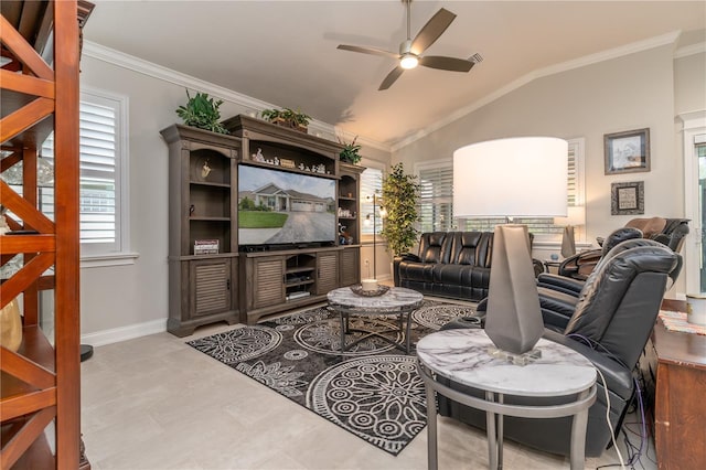 living room featuring crown molding, vaulted ceiling, and ceiling fan