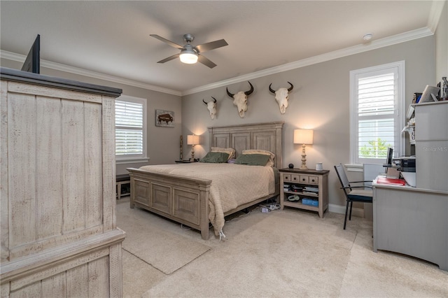 bedroom with light carpet, multiple windows, crown molding, and ceiling fan