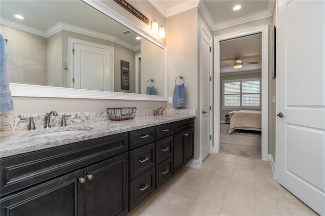 bathroom with vanity, crown molding, tile patterned flooring, and ceiling fan