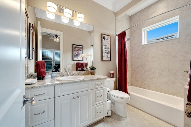 full bathroom with vanity, toilet, a healthy amount of sunlight, and shower / bathtub combination with curtain