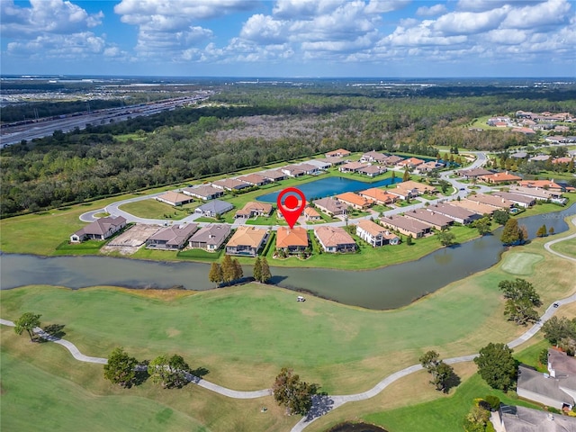 drone / aerial view featuring a water view