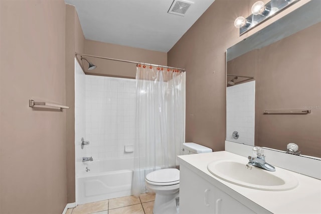 full bathroom with vanity, shower / tub combo with curtain, toilet, and tile patterned flooring