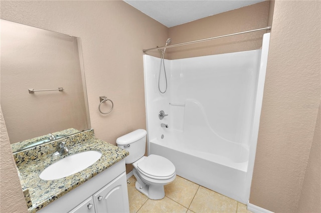 full bathroom with shower / bathing tub combination, tile patterned flooring, vanity, and toilet