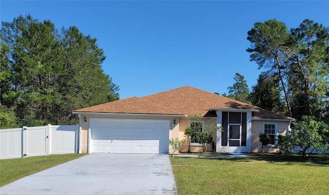 single story home with a front yard and a garage