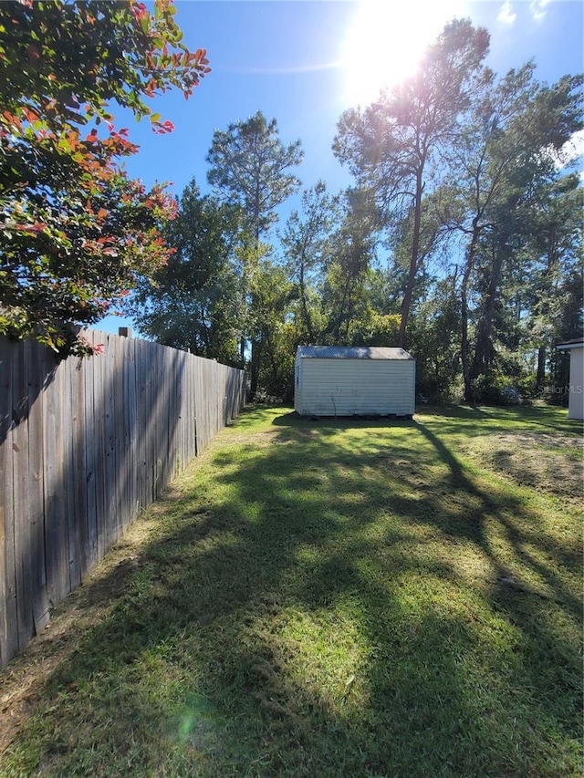 view of yard featuring a storage shed