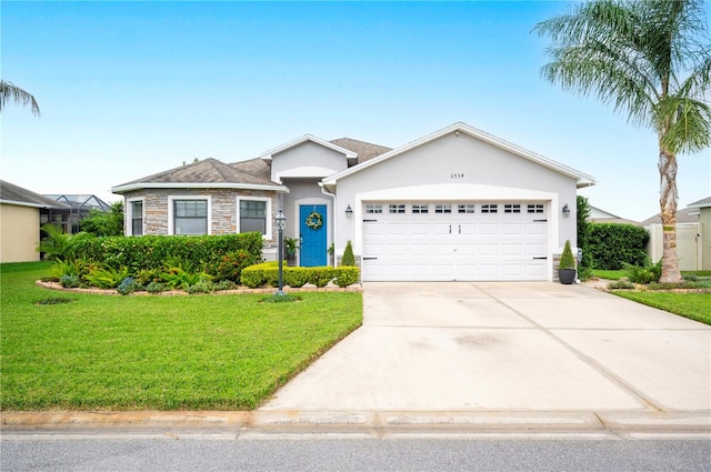 ranch-style house with a garage and a front yard