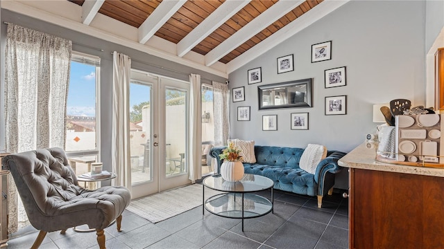 sitting room featuring beamed ceiling, french doors, high vaulted ceiling, wood ceiling, and dark tile patterned flooring