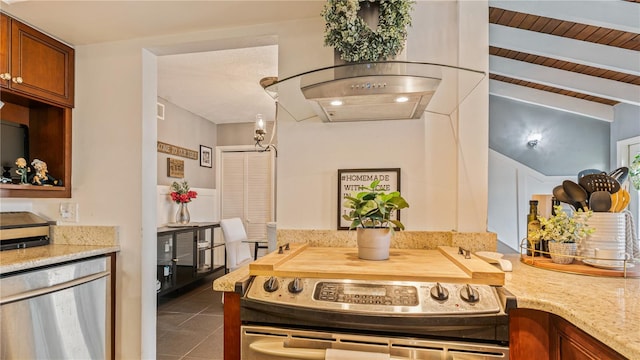 kitchen with stainless steel appliances, wooden ceiling, light stone counters, lofted ceiling with beams, and dark tile patterned flooring