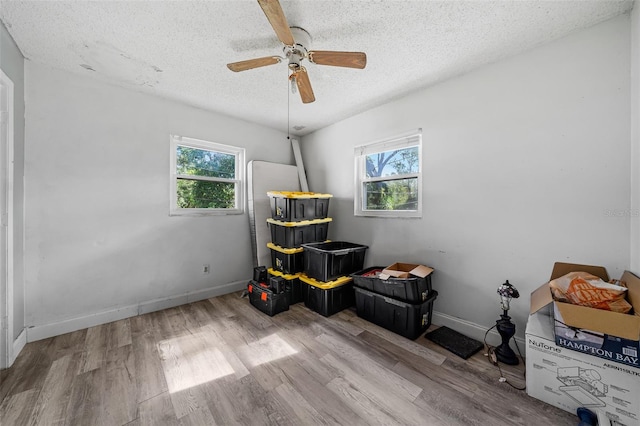 misc room featuring a textured ceiling, plenty of natural light, ceiling fan, and light hardwood / wood-style flooring