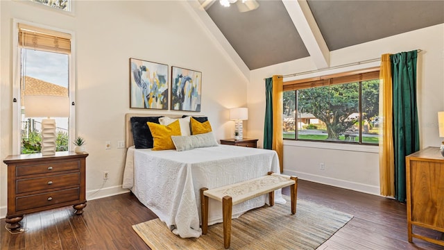 bedroom featuring ceiling fan, dark hardwood / wood-style flooring, beamed ceiling, and high vaulted ceiling