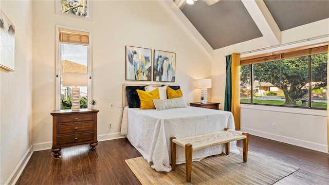 bedroom featuring beam ceiling, high vaulted ceiling, and dark hardwood / wood-style floors