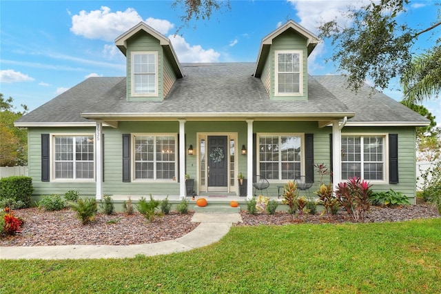 cape cod home with a front yard and a porch