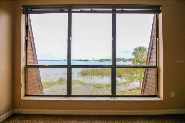 interior details with a water view and carpet floors